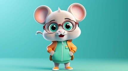 Cute little mouse student on a turquoise background.
