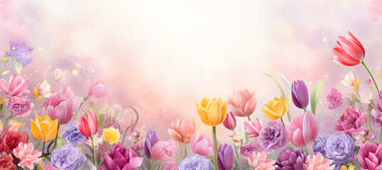 banner of spring flowers tuliops background