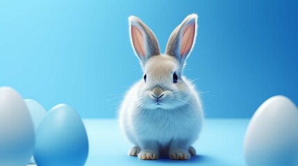 Easter bunny rabbit with blue painted egg on blue background