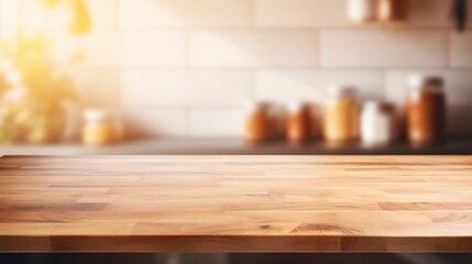 Fototapeta na wymiar Generative AI, empty wooden tabletop on blurred modern kitchen background with copy space
