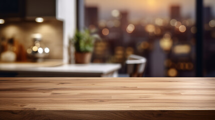 Obraz na płótnie Canvas Generative AI, empty wooden tabletop on blurred modern kitchen background with copy space
