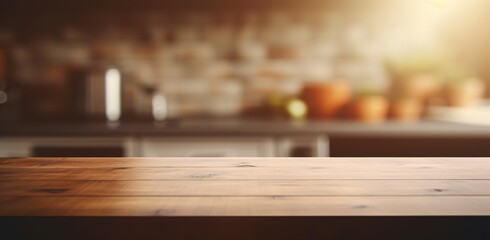 Generative AI, empty wooden tabletop on blurred modern kitchen background with copy space