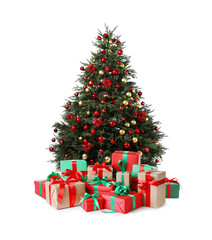 Beautiful Christmas tree with many gift boxes under on white background
