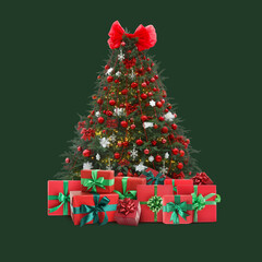 Beautiful Christmas tree with many gift boxes under on dark green background