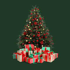 Beautiful Christmas tree with many gift boxes under on dark green background