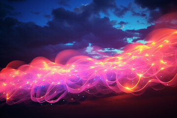 Obraz premium Graphic resources, festive concept. Glowing neon string surreal colorful garlands in clouds foggy dark background with copy space. Vivid glowing colors, wave or light trail painting pattern