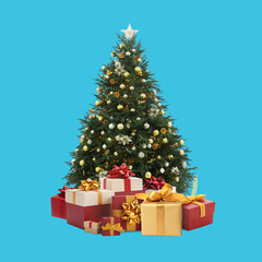 Beautiful Christmas tree with many gift boxes under on light blue background