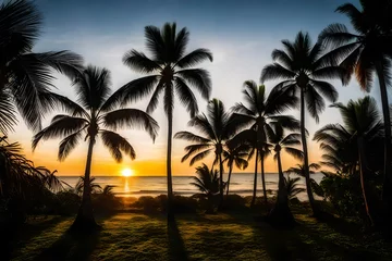 Fotobehang **silhouette of plam trees at tropical sunrise or sunset © Mazhar