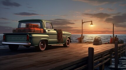 A classic pickup truck parked near a coastal pier, its tailgate open with fishing gear, embodying the nostalgic spirit of seaside adventures. - obrazy, fototapety, plakaty