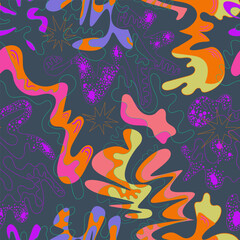 Abstract colorful hand drawn vector pattern with wave lines, shapes, stars and dots