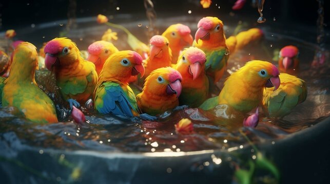 Flock of colorful Fishers love birds taking a bath