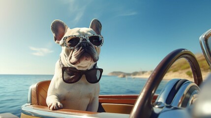 Funny French Bulldog dog is sitting behind the wheel of a speedboat, put his paws on the steering wheel against the sea, the carefree sunny summer day. lighting effects, speed boat