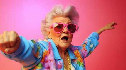 Funny grandmother portraits. 80s style outfit. Dab dance on colored backgrounds