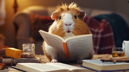 funny guinea pig in glasses reading a book - obrazy, fototapety, plakaty
