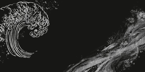 黒背景にダイナミックな銀色の和波と筆跡の抽象横長ダークイラストテンプレート。和風の伝統的な海や渦 - obrazy, fototapety, plakaty