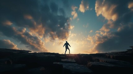 Go ahead and continuously improvement concept, silhouette man jump on a cliff from past to future with cloud sky background - obrazy, fototapety, plakaty