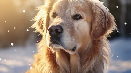Golden retriever dog outside with ice and snow on his face