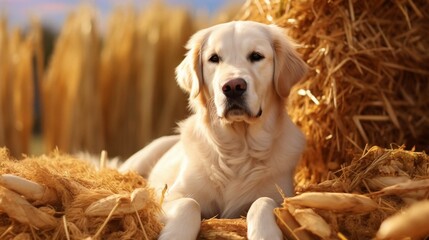 Golden Retriever Dog with white face sitting on hay bales outside during the Fall season at a farm