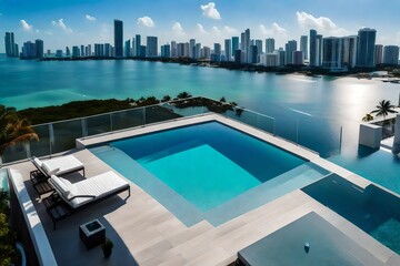 modern villa with a private rooftop infinity pool overlooking the miami skyline in florida - obrazy, fototapety, plakaty