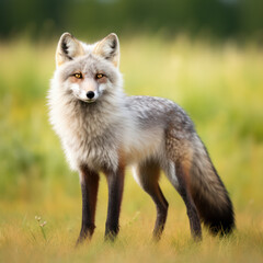 brown artic fox in summer standing in a field.