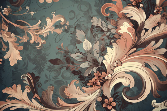 Graphic resources. Abstract rococo style texture background with copy space. Luxury ornate background colored in pastel colors. Blank retro vintage background