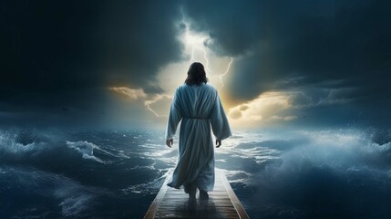Jesus walks on water across the sea during a storm