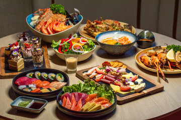 Assorted traditional Japanese dishes on table. Authentic Asian cuisine and dining.