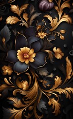 Abstract black background with golden flowers. AI