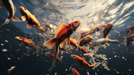 
Large school of colorful orange and black Koi fish splasing on the surface of the water with their mouth open begging for ood - obrazy, fototapety, plakaty