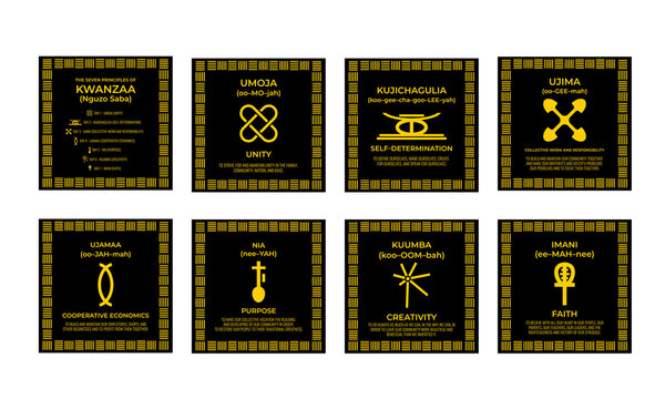 The Seven Principles of Kwanzaa signs. African American Christmas. 7 days of Kwanzaa set. Vector template for typography poster, banner, greeting card, postcard, flyer, etc.