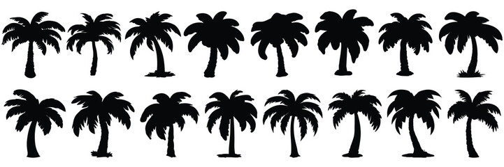Fototapeta premium Palm tree silhouettes set, large pack of vector silhouette design, isolated white background