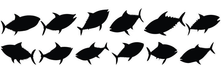 Fish tuna fishing silhouettes set, large pack of vector silhouette design, isolated white background - obrazy, fototapety, plakaty