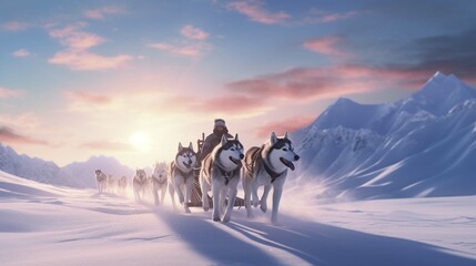 Man musher behind sleigh at sled dog race on snow in winter - obrazy, fototapety, plakaty