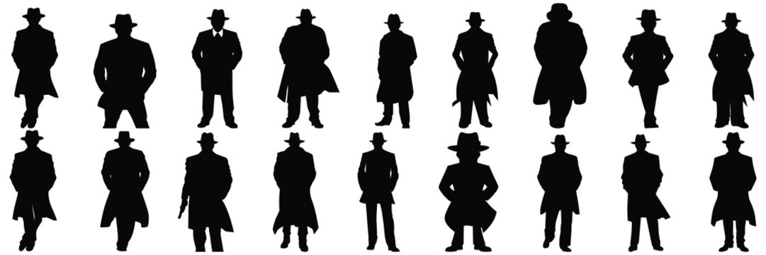 Retro mafia silhouettes set, large pack of vector silhouette design, isolated white background