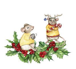 Christmas composition with mice in cartoon style. Watercolor Christmas hand drawn illustration for cards, backgrounds, scrapbooking and your design. Perfect for wedding invitation.