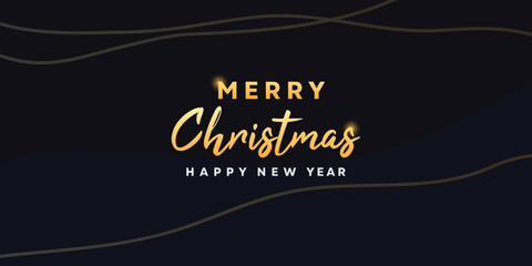 Merry Christmas and Happy New Year banner, greeting card, poster, holiday cover, header. Modern design with dark blue background.