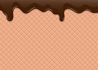 Milk chocolate flowing down on the waffle background. - obrazy, fototapety, plakaty
