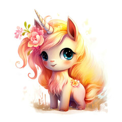 Watercolor small cute unicorn with flowers on white background.