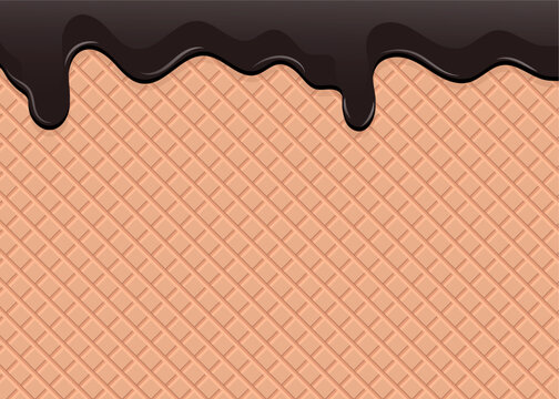 Dark chocolate flowing down on the waffle background.