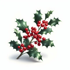Sprig of Christmas Holly with Red Berries and Shiny Green Leaves