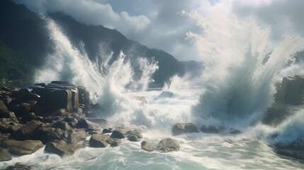 Powerful ocean waves crashing with violence on rocks. The sea meets the shore on the tropical island