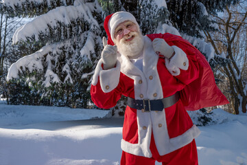 Xmas Santa Claus with real beard in the northern forest in winter