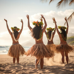 women hula dancers in hawaii on beach.