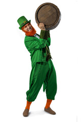 Leprechaun elf on St. Patrick's Day. Cheerful character Irish leprechaun for advertising with a red natural beard in a green suit and green hat for advertising. Cosplay at the festival on March 17th