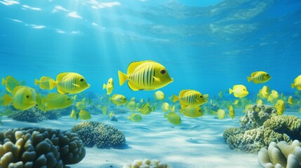 Fototapeta na wymiar School of yellow tropical fish underwater in Bora Bora coral reef