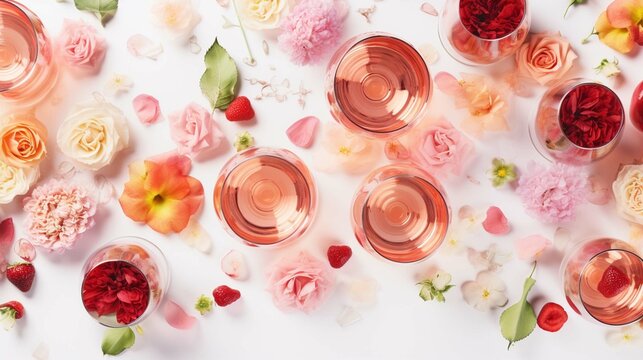 
Rose wine variety layout. Flat-lay of rose wine in various glasses with flowers and summer fruit over plain white background, top view