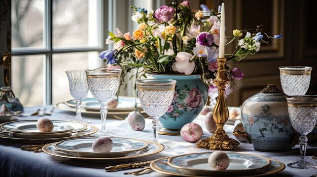 Elegant Easter table setting with pastel eggs, cherry blossoms, and fine china in a sophisticated dining room.