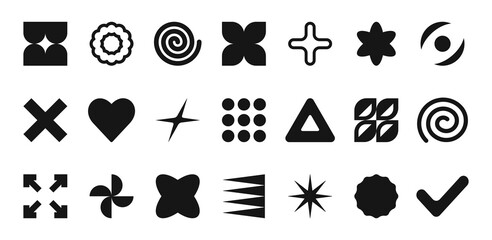 Geometric shapes and black brutalism forms. Modern trendy minimalist basic figures, stars, heart, spiral, circles and abstract figures,  vector set.