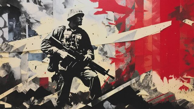 Collage animation of soldiers at war, stop motion paper cut, vintage style with halftone texture