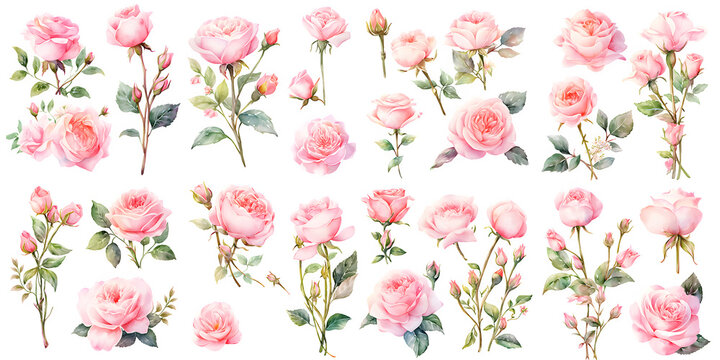pink rose watercolor illustration clipart. Generative AI